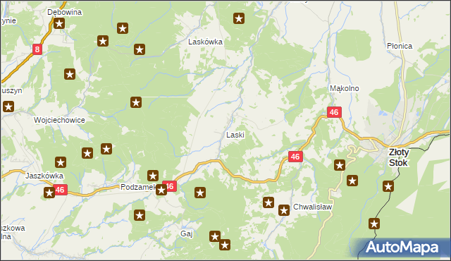 mapa Laski gmina Złoty Stok, Laski gmina Złoty Stok na mapie Targeo