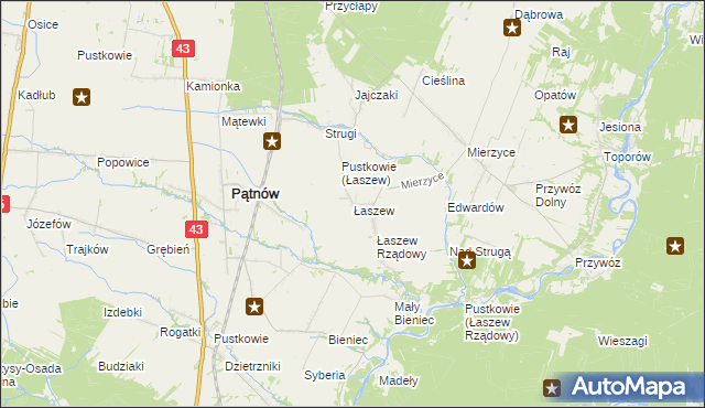 mapa Łaszew gmina Wierzchlas, Łaszew gmina Wierzchlas na mapie Targeo