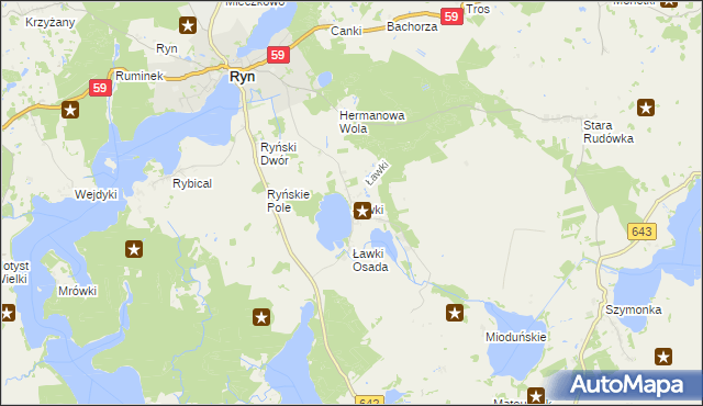 mapa Ławki gmina Ryn, Ławki gmina Ryn na mapie Targeo