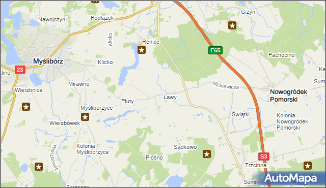 mapa Ławy gmina Myślibórz, Ławy gmina Myślibórz na mapie Targeo