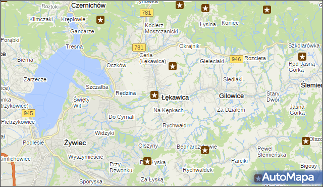 mapa Łękawica powiat żywiecki, Łękawica powiat żywiecki na mapie Targeo