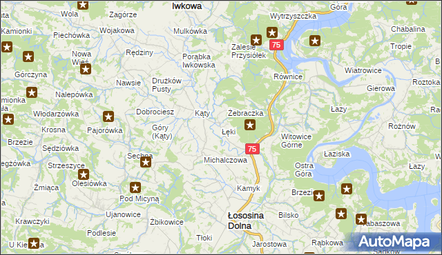 mapa Łęki gmina Łososina Dolna, Łęki gmina Łososina Dolna na mapie Targeo