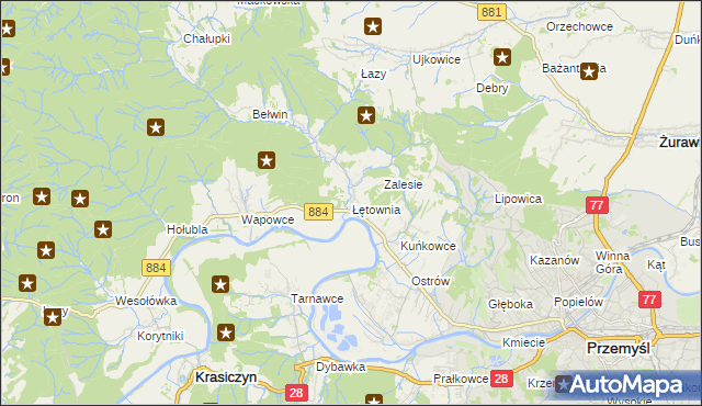 mapa Łętownia gmina Przemyśl, Łętownia gmina Przemyśl na mapie Targeo