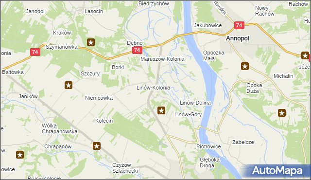 mapa Linów gmina Zawichost, Linów gmina Zawichost na mapie Targeo