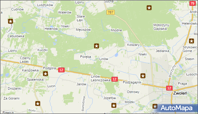 mapa Linów gmina Zwoleń, Linów gmina Zwoleń na mapie Targeo