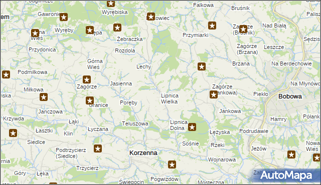 mapa Lipnica Wielka gmina Korzenna, Lipnica Wielka gmina Korzenna na mapie Targeo