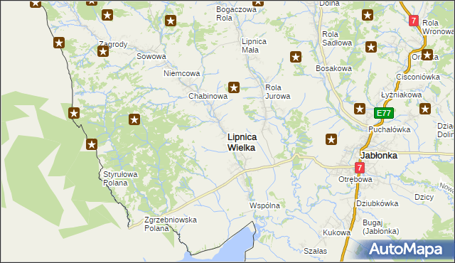 mapa Lipnica Wielka powiat nowotarski, Lipnica Wielka powiat nowotarski na mapie Targeo