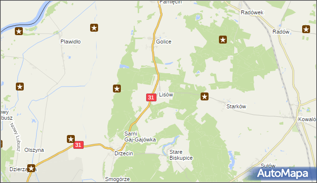 mapa Lisów gmina Słubice, Lisów gmina Słubice na mapie Targeo