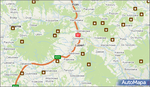 mapa Lubień powiat myślenicki, Lubień powiat myślenicki na mapie Targeo