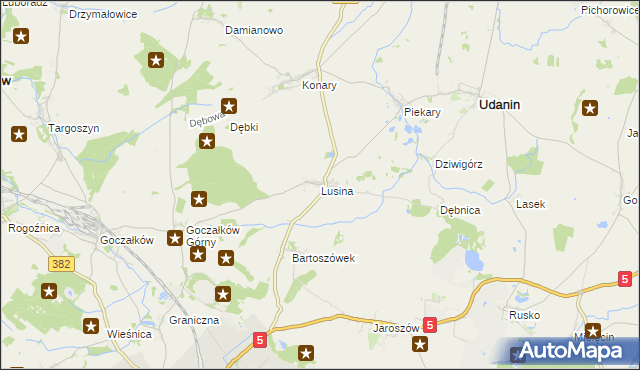 mapa Lusina gmina Udanin, Lusina gmina Udanin na mapie Targeo