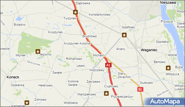 mapa Michalin gmina Waganiec, Michalin gmina Waganiec na mapie Targeo