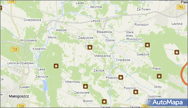 mapa Miedzianka gmina Chęciny, Miedzianka gmina Chęciny na mapie Targeo