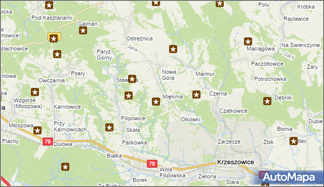 mapa Miękinia gmina Krzeszowice, Miękinia gmina Krzeszowice na mapie Targeo