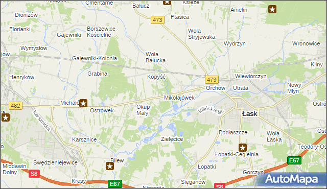 mapa Mikołajówek gmina Łask, Mikołajówek gmina Łask na mapie Targeo