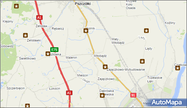 mapa Miłobądz gmina Tczew, Miłobądz gmina Tczew na mapie Targeo