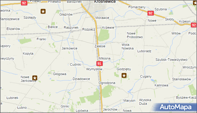 mapa Miłosna gmina Krośniewice, Miłosna gmina Krośniewice na mapie Targeo