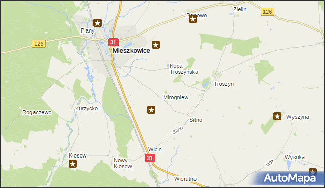 mapa Mirogniew gmina Mieszkowice, Mirogniew gmina Mieszkowice na mapie Targeo