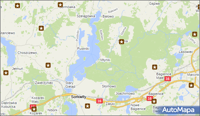 mapa Młynik gmina Sorkwity, Młynik gmina Sorkwity na mapie Targeo