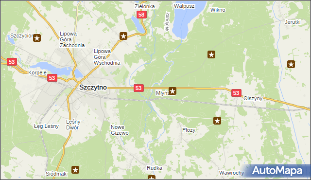 mapa Młyńsko gmina Szczytno, Młyńsko gmina Szczytno na mapie Targeo