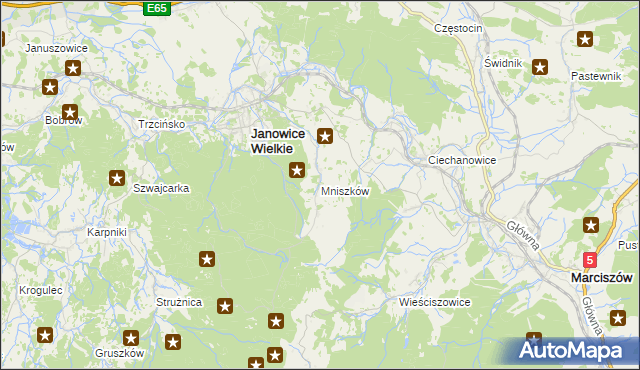 mapa Mniszków gmina Janowice Wielkie, Mniszków gmina Janowice Wielkie na mapie Targeo