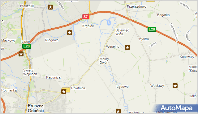 mapa Mokry Dwór gmina Pruszcz Gdański, Mokry Dwór gmina Pruszcz Gdański na mapie Targeo