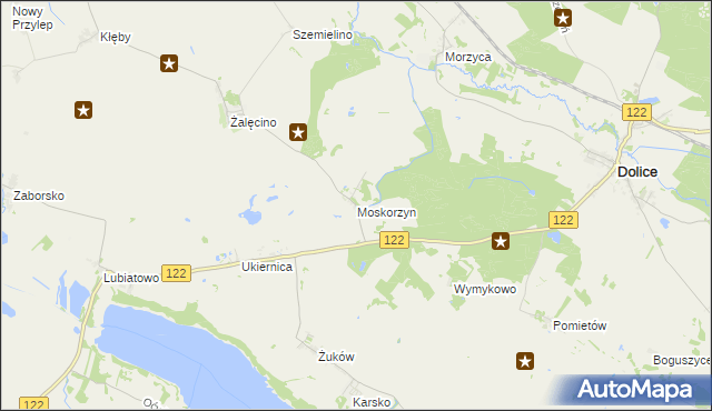 mapa Moskorzyn gmina Dolice, Moskorzyn gmina Dolice na mapie Targeo