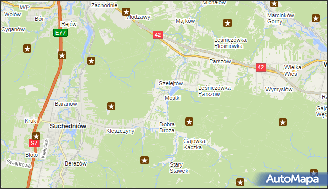 mapa Mostki gmina Suchedniów, Mostki gmina Suchedniów na mapie Targeo