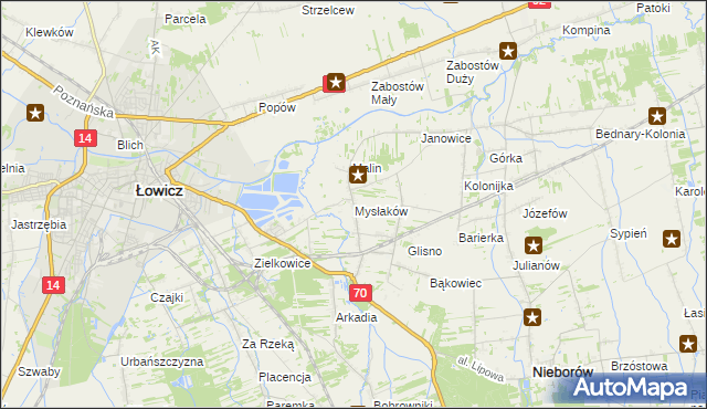 mapa Mysłaków gmina Nieborów, Mysłaków gmina Nieborów na mapie Targeo