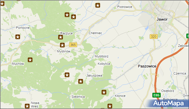 mapa Myślibórz gmina Paszowice, Myślibórz gmina Paszowice na mapie Targeo