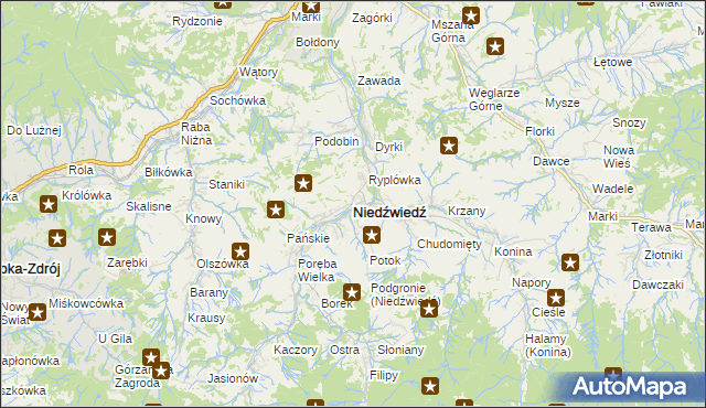 mapa Niedźwiedź powiat limanowski, Niedźwiedź powiat limanowski na mapie Targeo