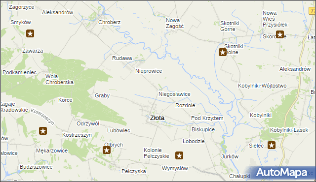 mapa Niegosławice gmina Złota, Niegosławice gmina Złota na mapie Targeo