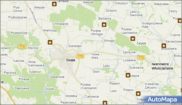 mapa Nowa Wieś gmina Skała, Nowa Wieś gmina Skała na mapie Targeo