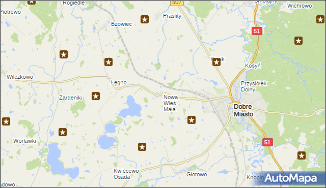 mapa Nowa Wieś Mała gmina Dobre Miasto, Nowa Wieś Mała gmina Dobre Miasto na mapie Targeo