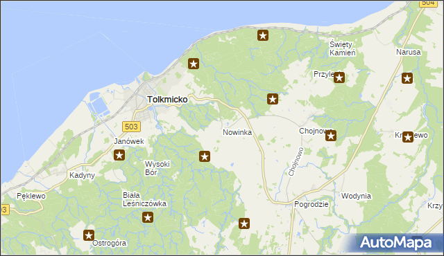 mapa Nowinka gmina Tolkmicko, Nowinka gmina Tolkmicko na mapie Targeo