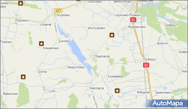 mapa Objezierze gmina Oborniki, Objezierze gmina Oborniki na mapie Targeo