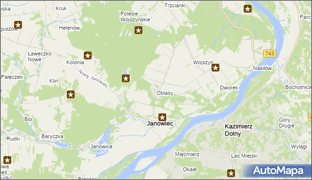 mapa Oblasy gmina Janowiec, Oblasy gmina Janowiec na mapie Targeo