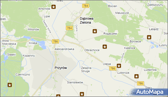 mapa Olbrachcice gmina Dąbrowa Zielona, Olbrachcice gmina Dąbrowa Zielona na mapie Targeo