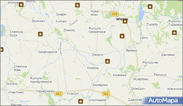 mapa Oleszno gmina Wielgie, Oleszno gmina Wielgie na mapie Targeo