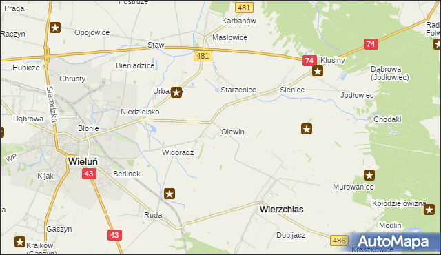 mapa Olewin gmina Wieluń, Olewin gmina Wieluń na mapie Targeo