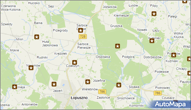 mapa Olszówka gmina Łopuszno, Olszówka gmina Łopuszno na mapie Targeo