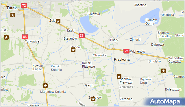 mapa Olszówka gmina Przykona, Olszówka gmina Przykona na mapie Targeo