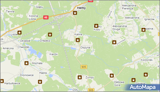 mapa Olszyna gmina Herby, Olszyna gmina Herby na mapie Targeo