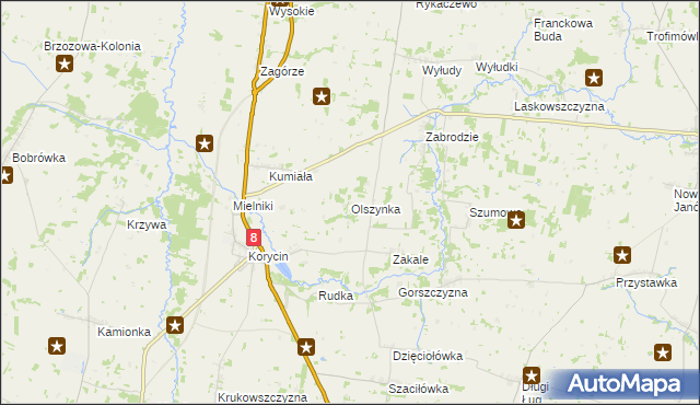mapa Olszynka gmina Korycin, Olszynka gmina Korycin na mapie Targeo