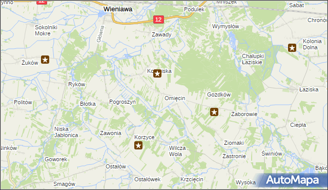 mapa Omięcin gmina Szydłowiec, Omięcin gmina Szydłowiec na mapie Targeo