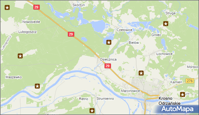 mapa Osiecznica gmina Krosno Odrzańskie, Osiecznica gmina Krosno Odrzańskie na mapie Targeo