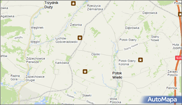 mapa Osinki gmina Potok Wielki, Osinki gmina Potok Wielki na mapie Targeo