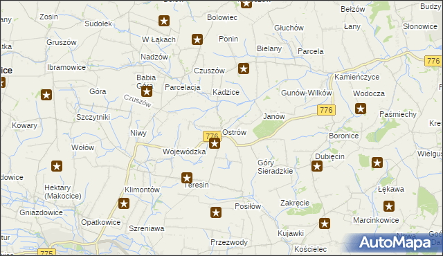 mapa Ostrów gmina Proszowice, Ostrów gmina Proszowice na mapie Targeo