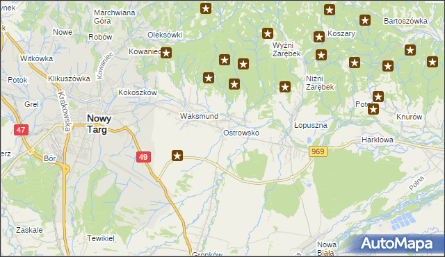 mapa Ostrowsko gmina Nowy Targ, Ostrowsko gmina Nowy Targ na mapie Targeo