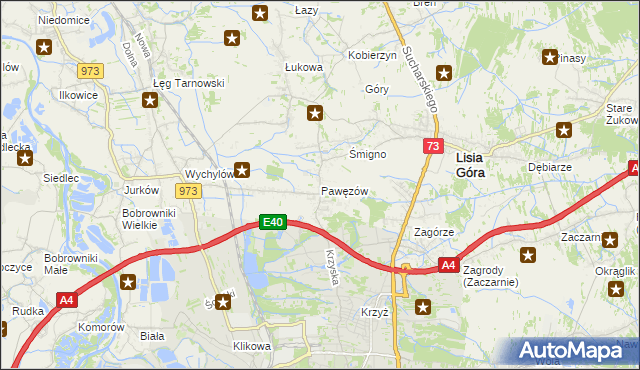 mapa Pawęzów gmina Lisia Góra, Pawęzów gmina Lisia Góra na mapie Targeo
