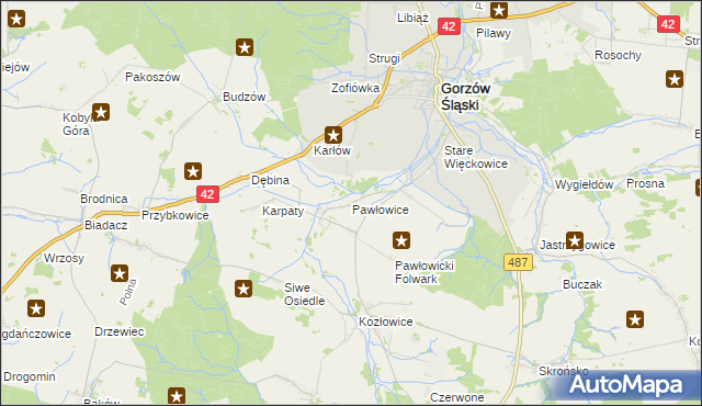 mapa Pawłowice gmina Gorzów Śląski, Pawłowice gmina Gorzów Śląski na mapie Targeo